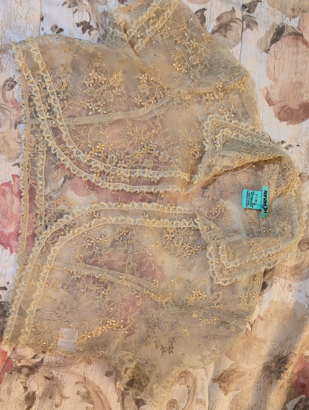 Lacy Shimmery Gold Embroidered Sheer Top